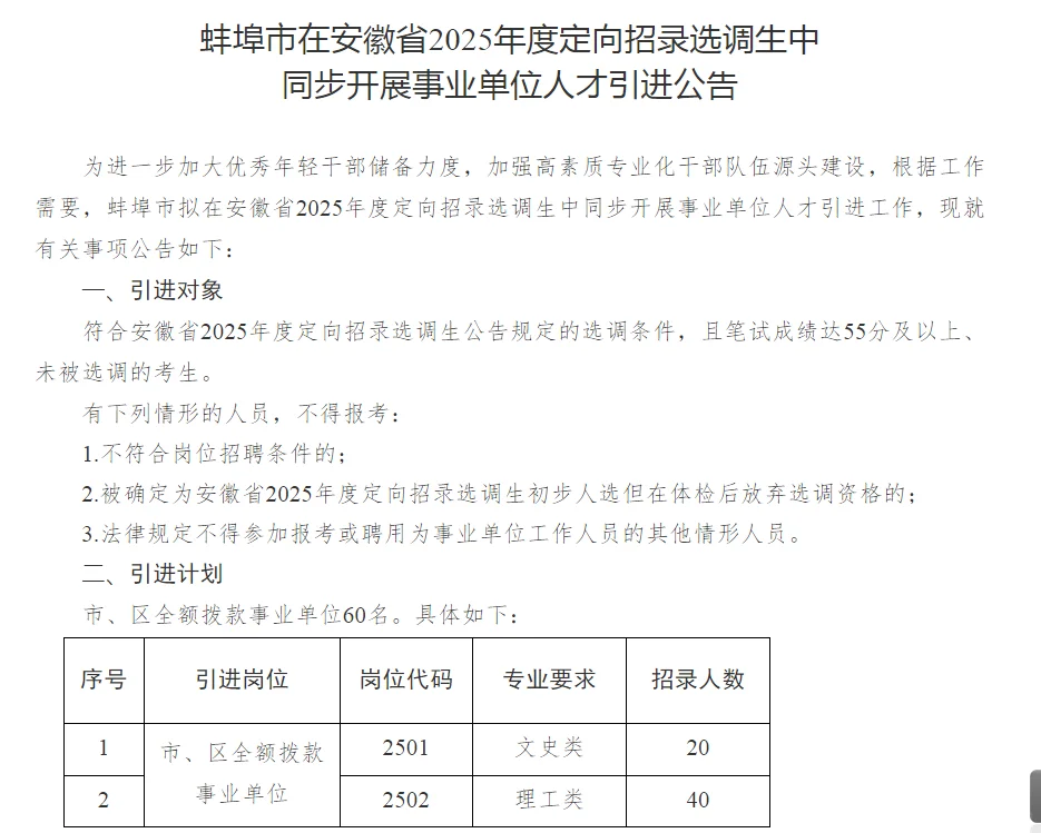 蚌埠市人才引进60人，4月12日面试