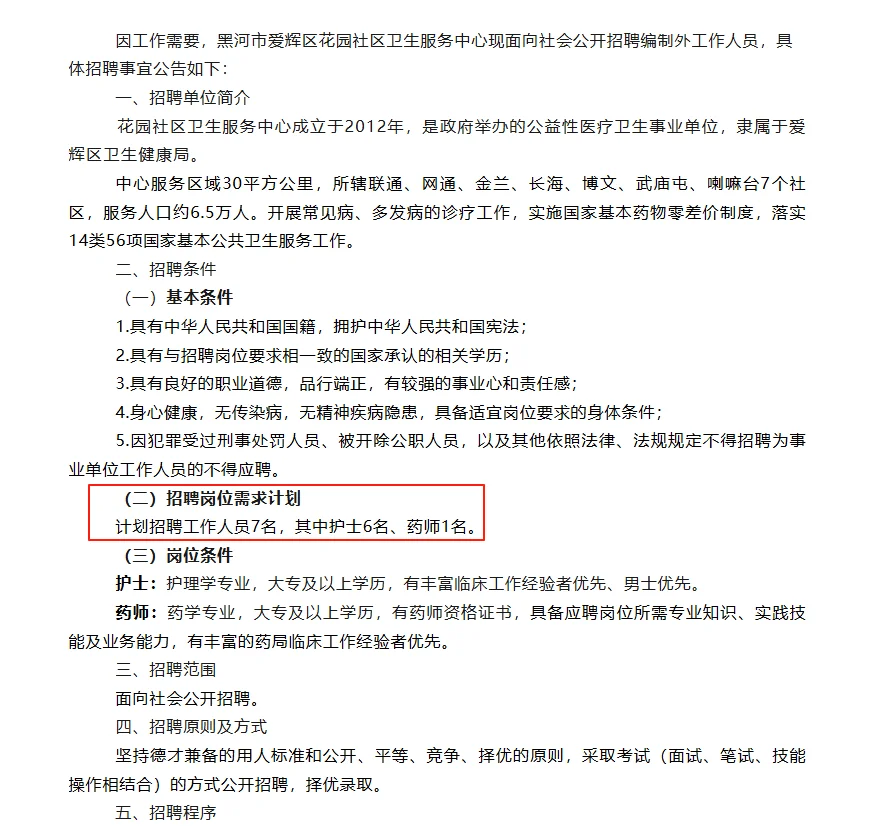 黑河市爱辉区花园社区卫生服务中心14人招聘