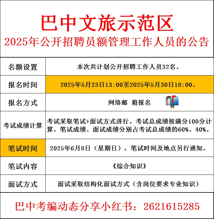 25年巴中文旅示范区招聘！员额制🉐