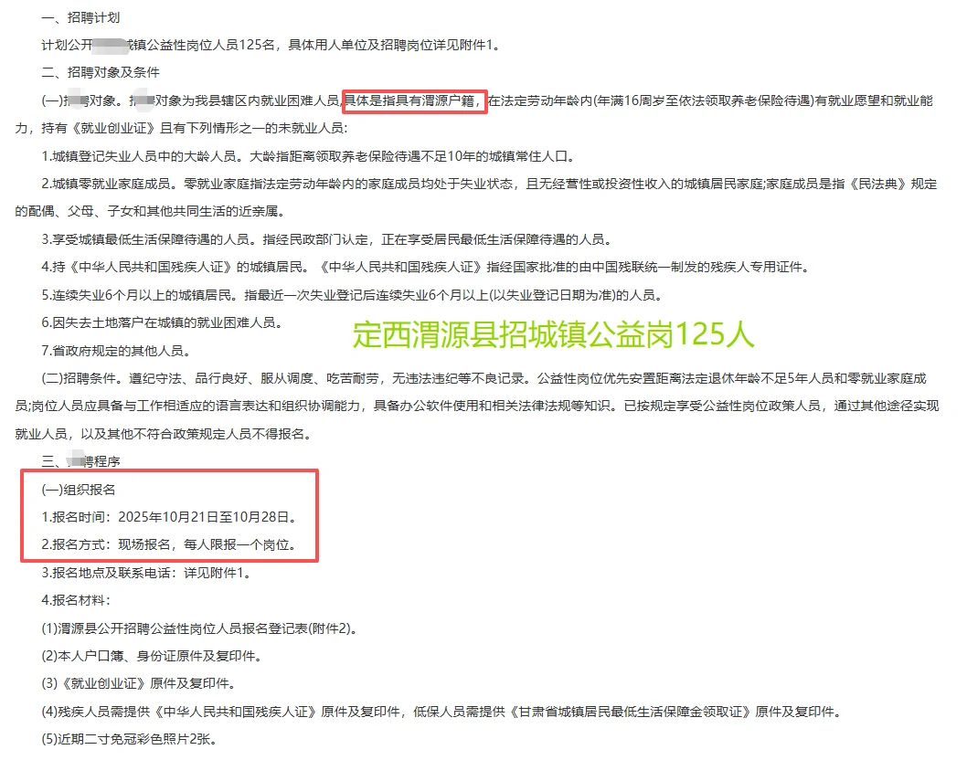 25年定西渭源县招城镇公益岗125人