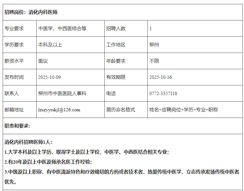 柳州市中医医院招聘1名消化内科医师