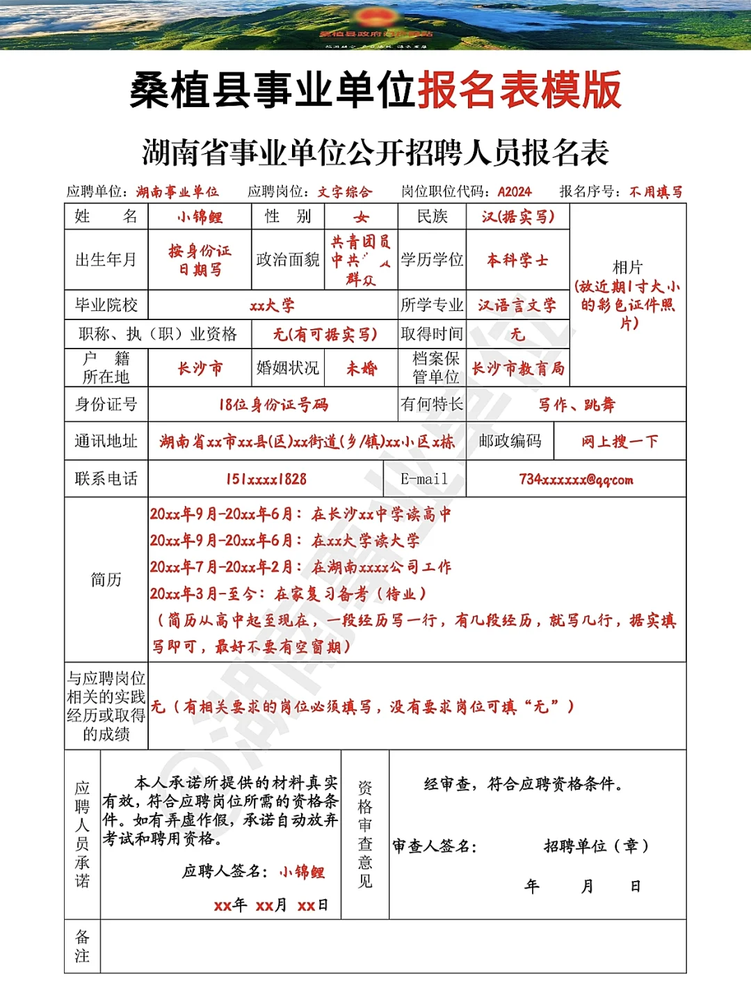 照着填！桑植县事业单位报名表！