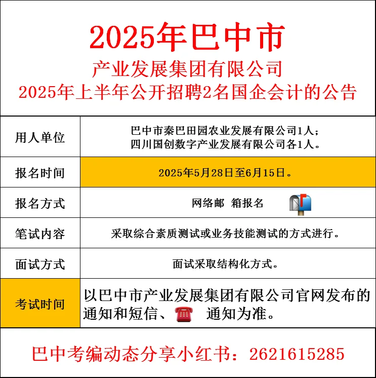 25年巴中产业发展集团招聘！国企🉐