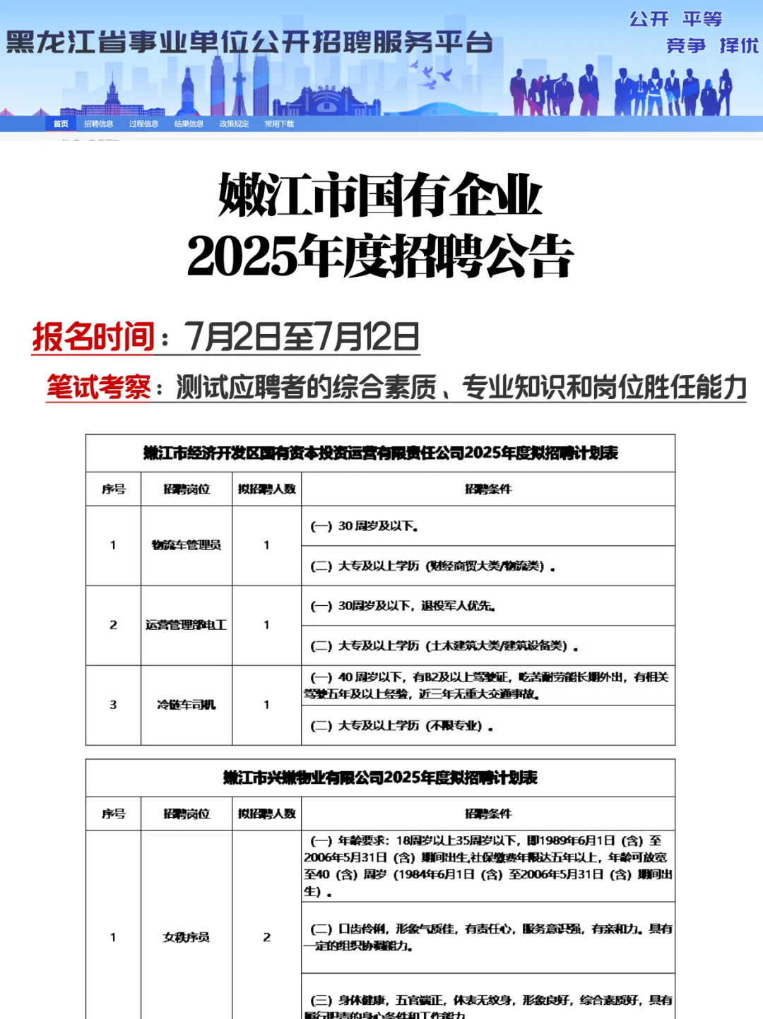 嫩江国企招聘！共招聘15人！