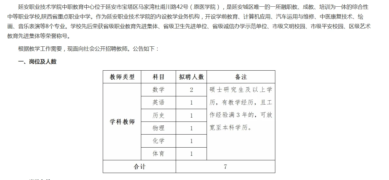 延安职业技术学院中职教育中心招聘教师