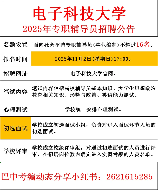 25下电子科大辅导员招聘公告🉐