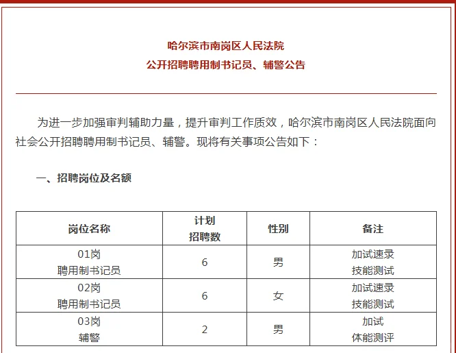 2025年哈尔滨南岗区人民法院招聘14人