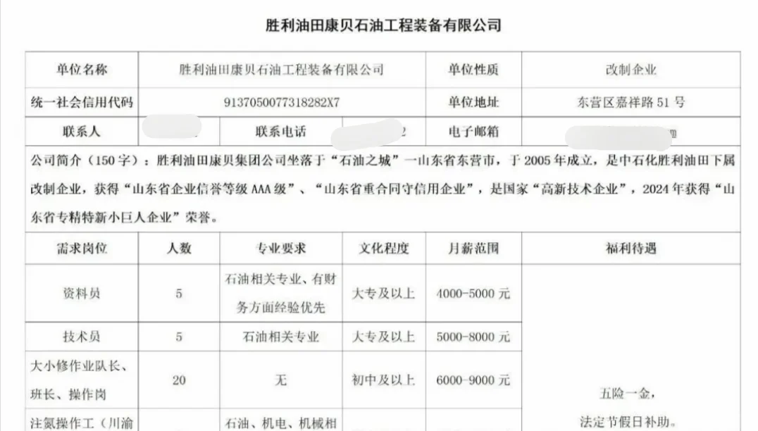 胜利油田改制企业招聘文职5人
