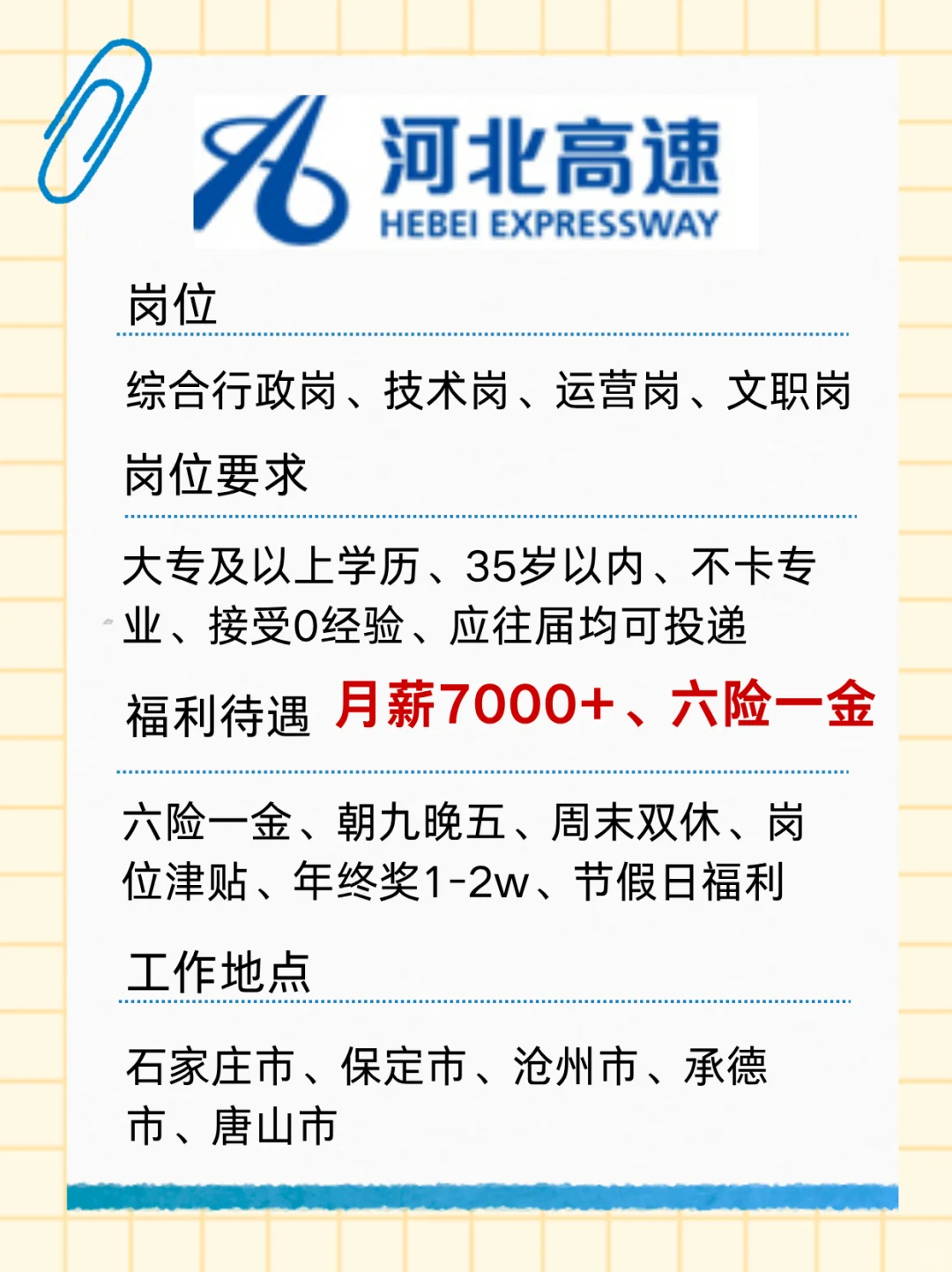 有愿意来河北高速的吗？月薪7000+ 六险一金