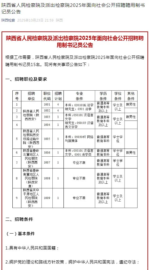 2025年陕西人民检察院派出检察院招聘书记员