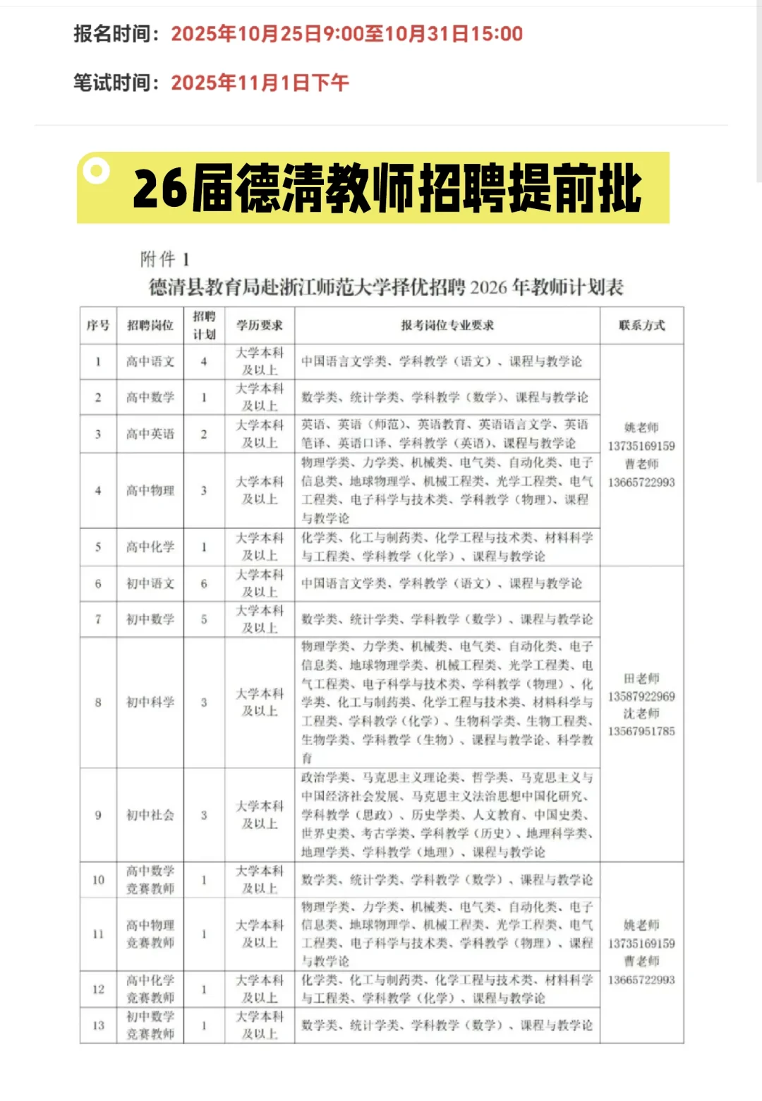 32名编制教师！26德清招聘教师岗位