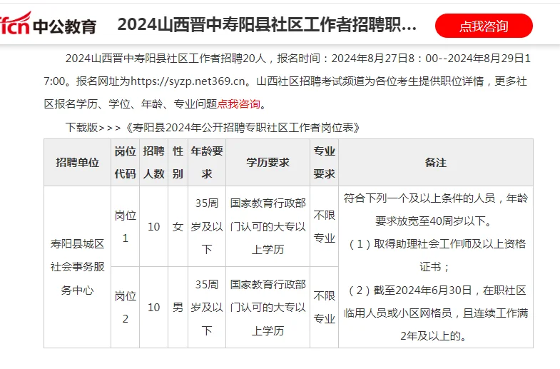 2024山西晋中寿阳县社区工作者招聘20人公告