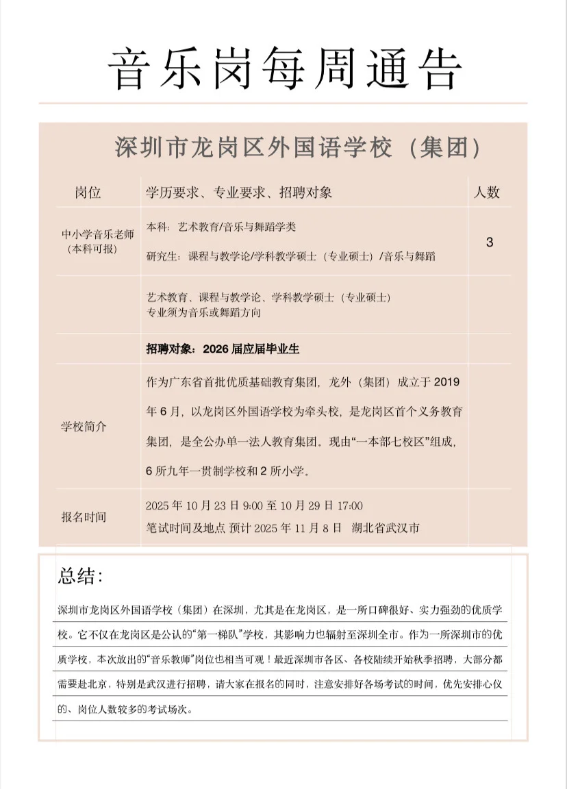 深圳市龙岗区直属公办学校：招聘音乐教师3人