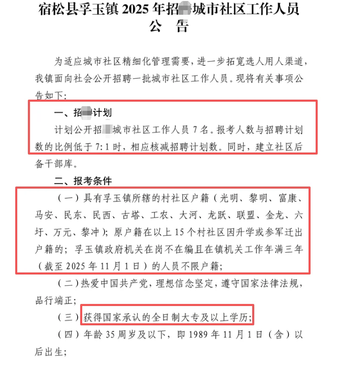 宿松县招社区工作人员7名！