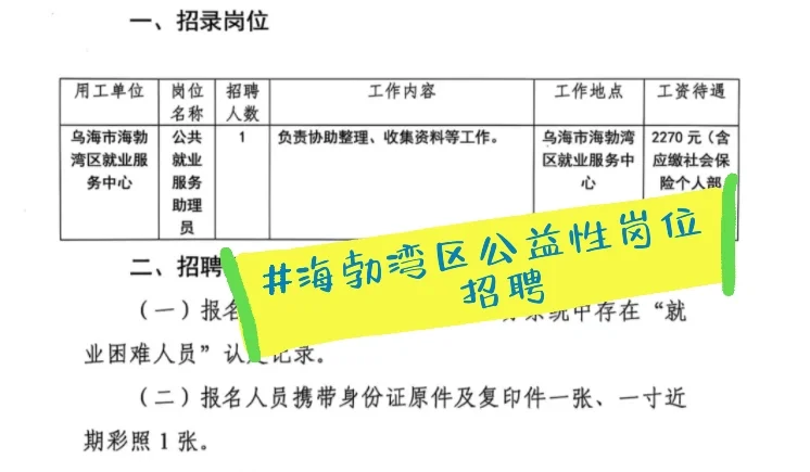 海勃湾区公益性岗位招聘