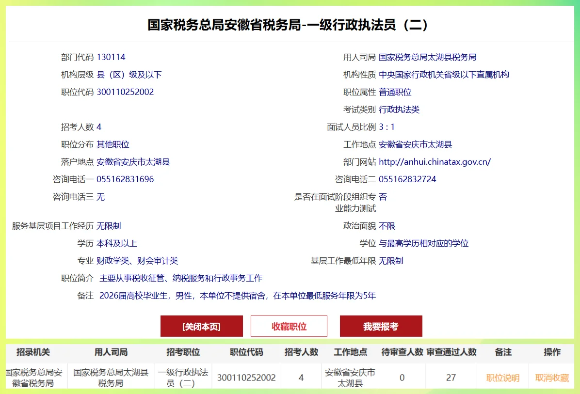 2026国考税务男生岗捡漏