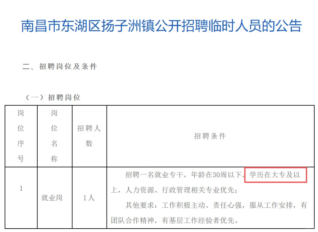 南昌！东湖区就业专干，大专起！