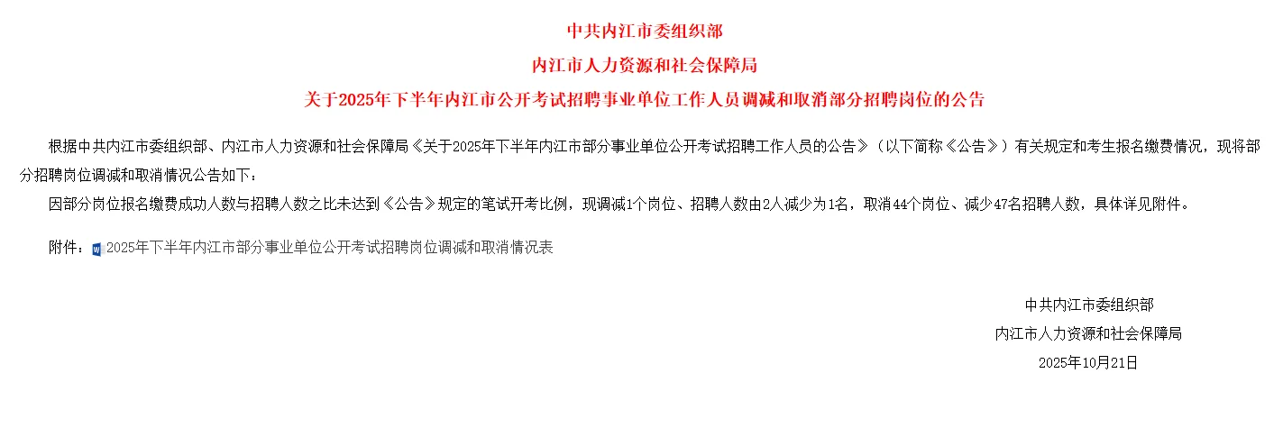 内江事业单位部分岗位取消！