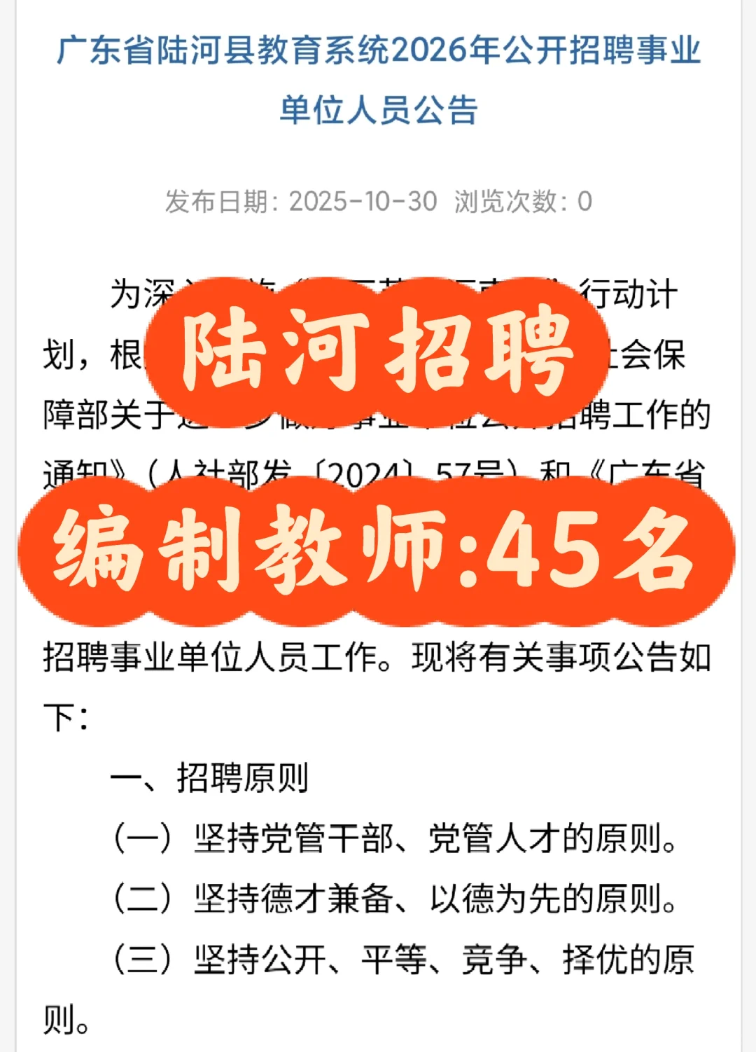 陆河招聘编制教师:45名