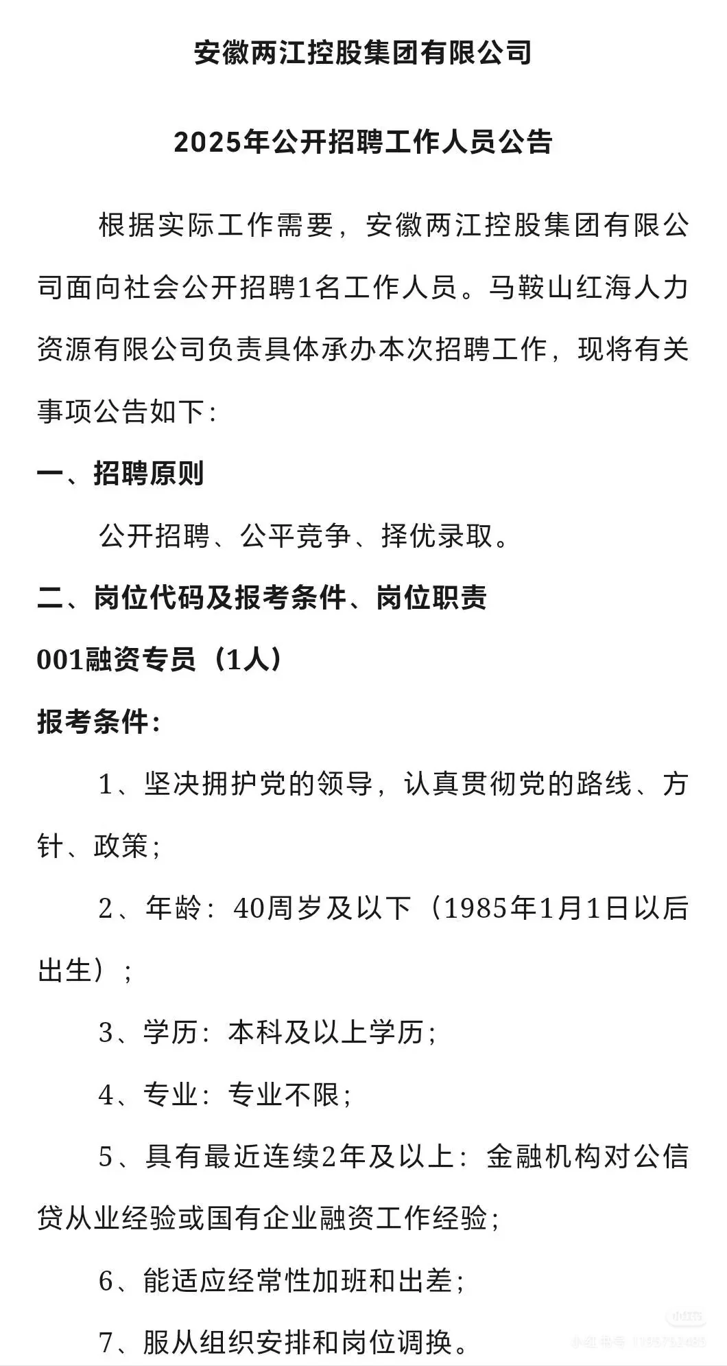 马鞍山两江控股融资专员招聘