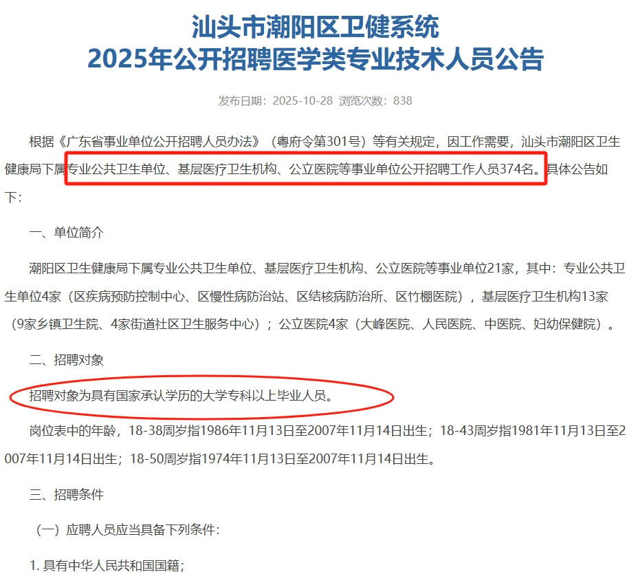 大专可报！汕头潮阳区卫健系统招聘374人