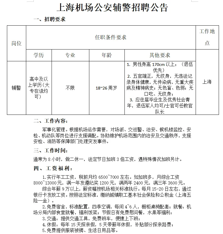 上海机场公安辅警招聘公告