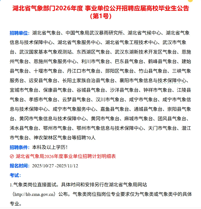 湖北省气象部门2026年度事业单位公开招聘