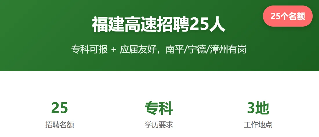 福建高速招 25 人!南平 / 宁德 / 漳州有岗
