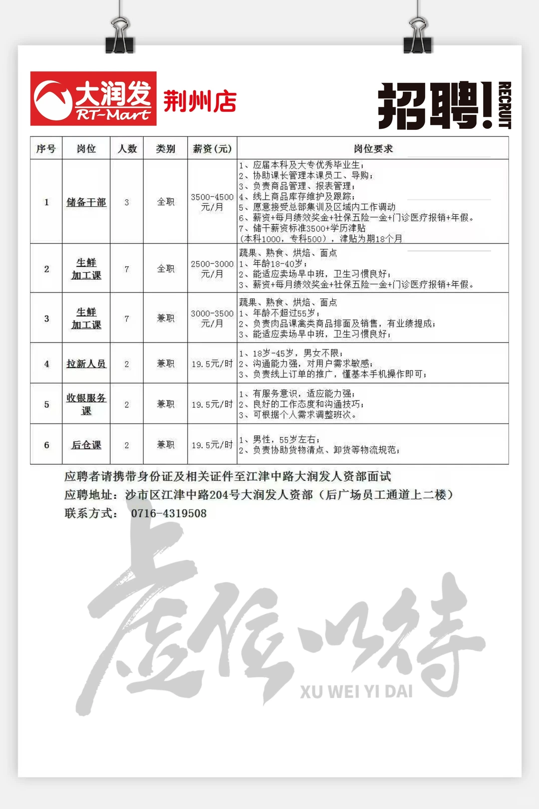 大润发荆州店招聘啦
