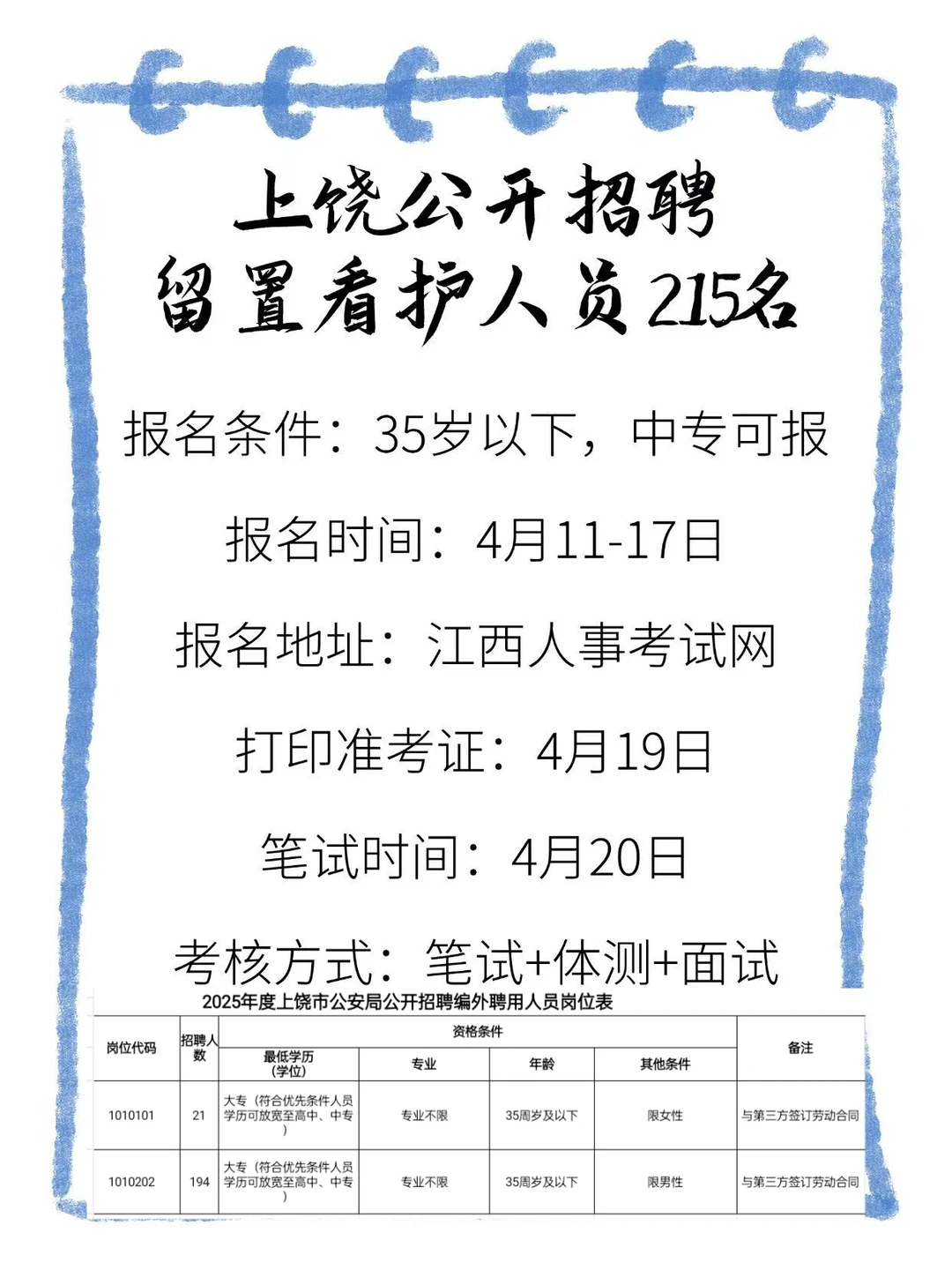上饶公开招聘👉留置看护人员215名