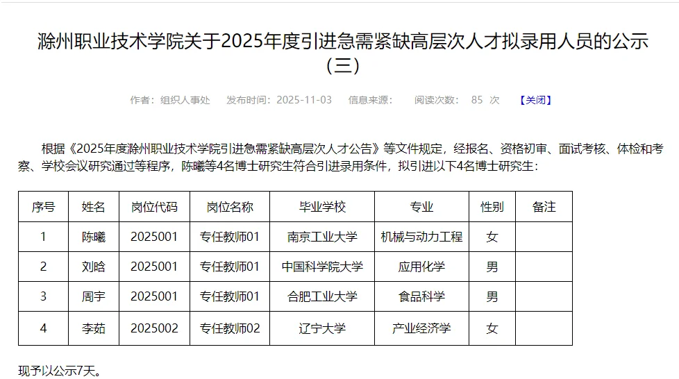 滁州职业技术学院人才引进拟录用名单公示