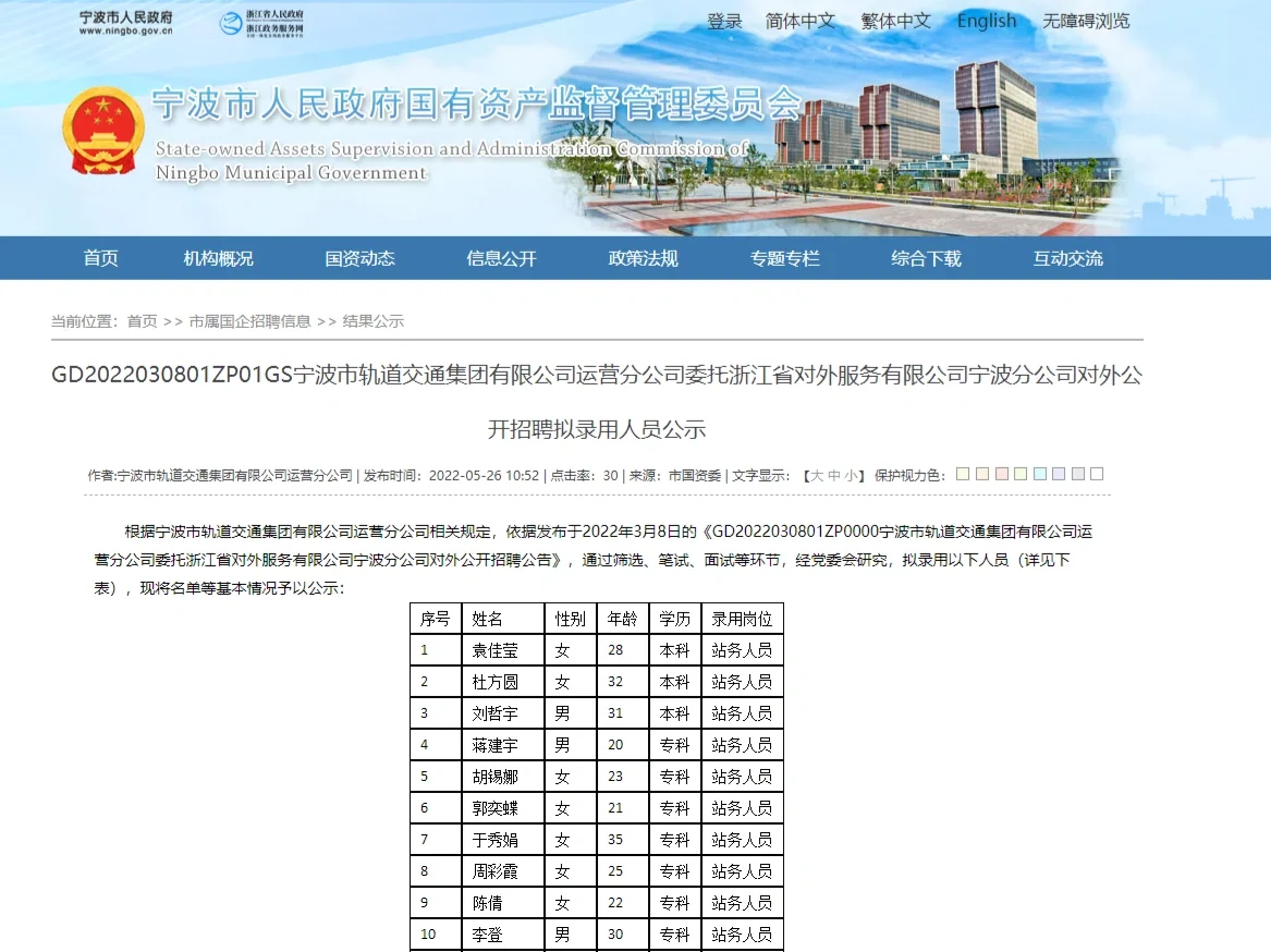 宁波市属国企轨道交通录用370人公示