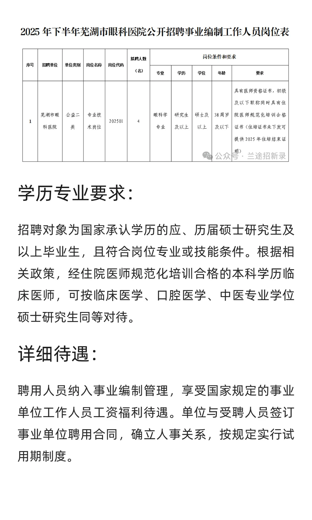 【芜湖】芜湖市眼科医院 | 招4人 | 硕士及