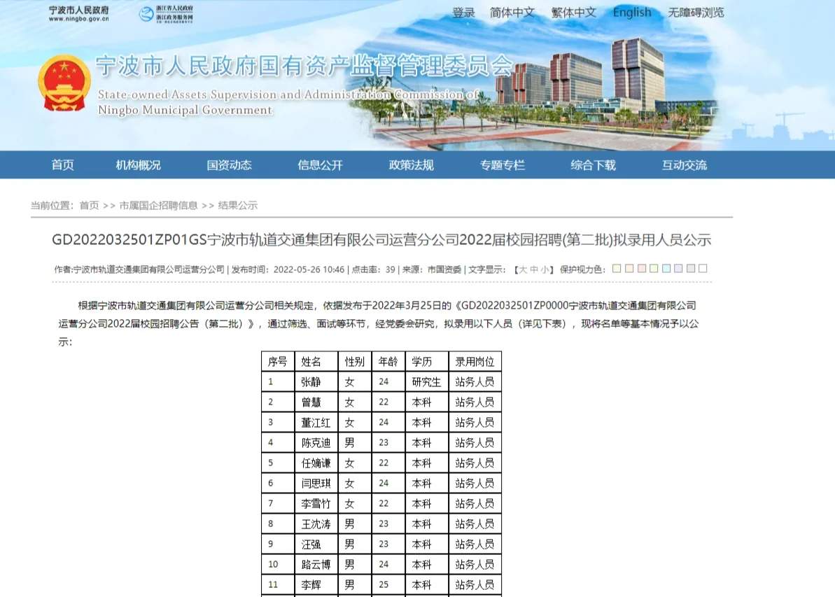 宁波市属国企轨道交通录用370人公示