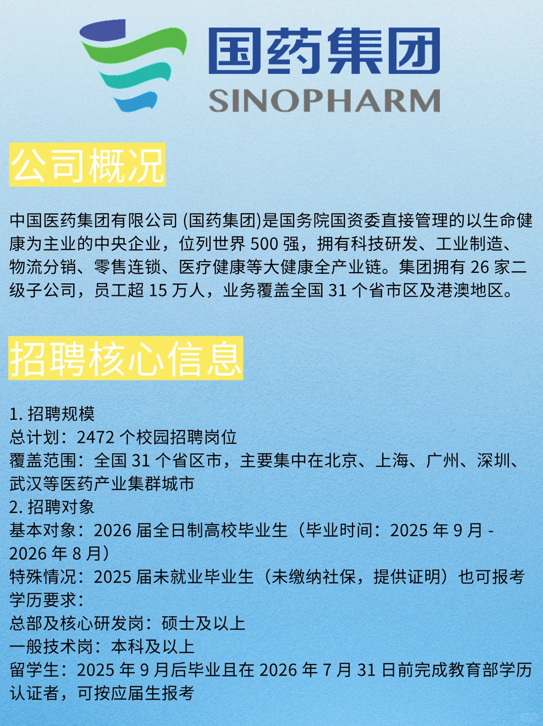 25-27届可报|国药集团2026年秋季校园招聘