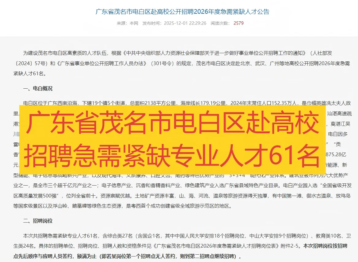 赴外急需紧缺专业人才61名！茂名赴外招聘