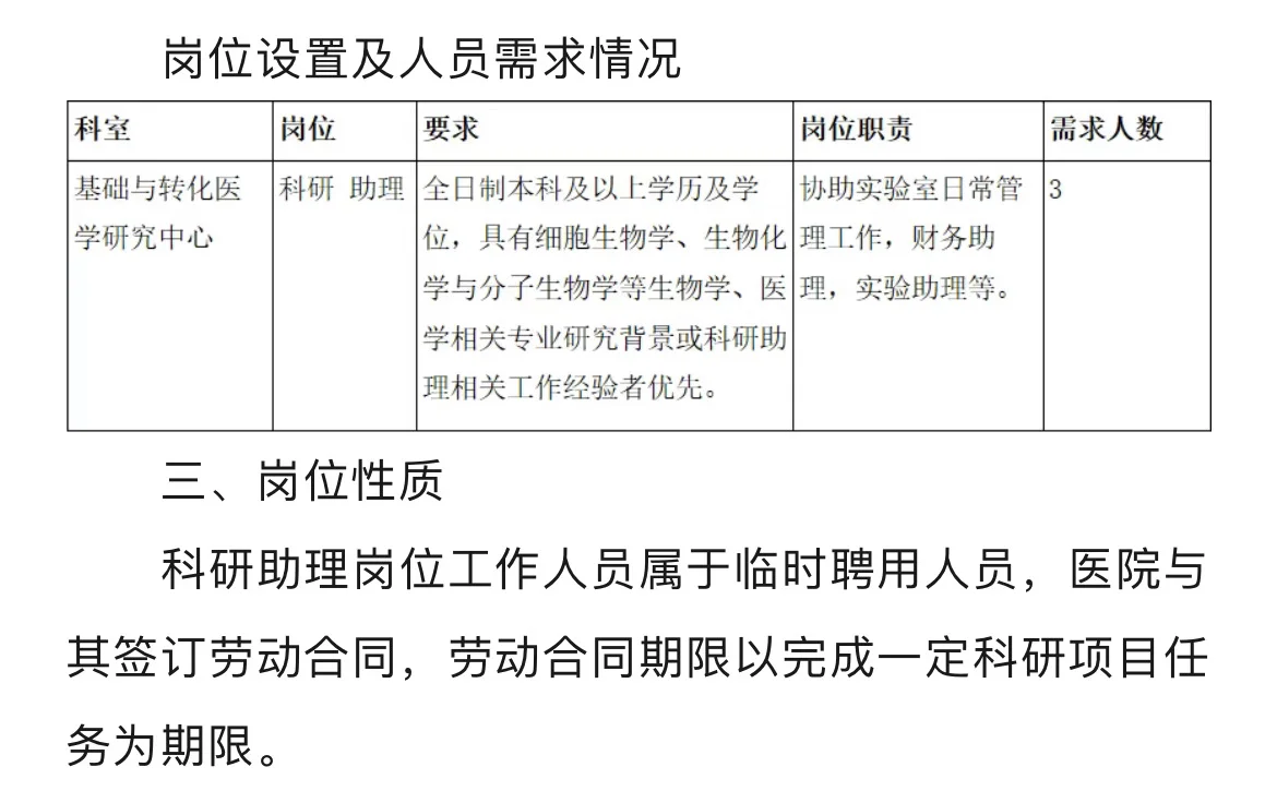 呼和浩特市第一医院 科研助理