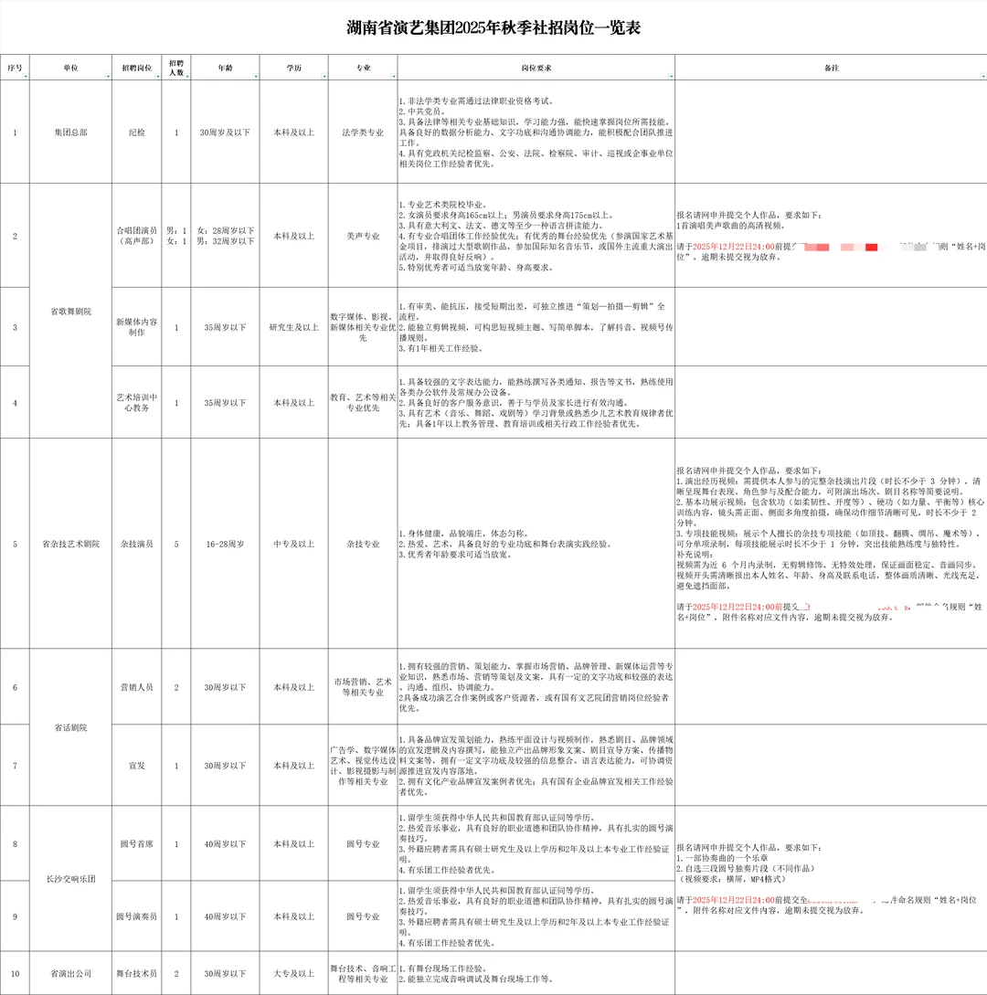 湖南省演艺集团2025年秋季社会招聘17人
