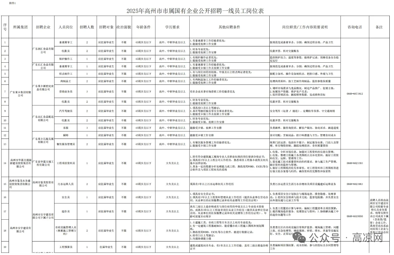 2025广东茂名高州市市属国有企业招聘42人