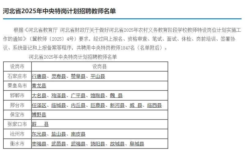 河北省2025年特岗教师录用名单