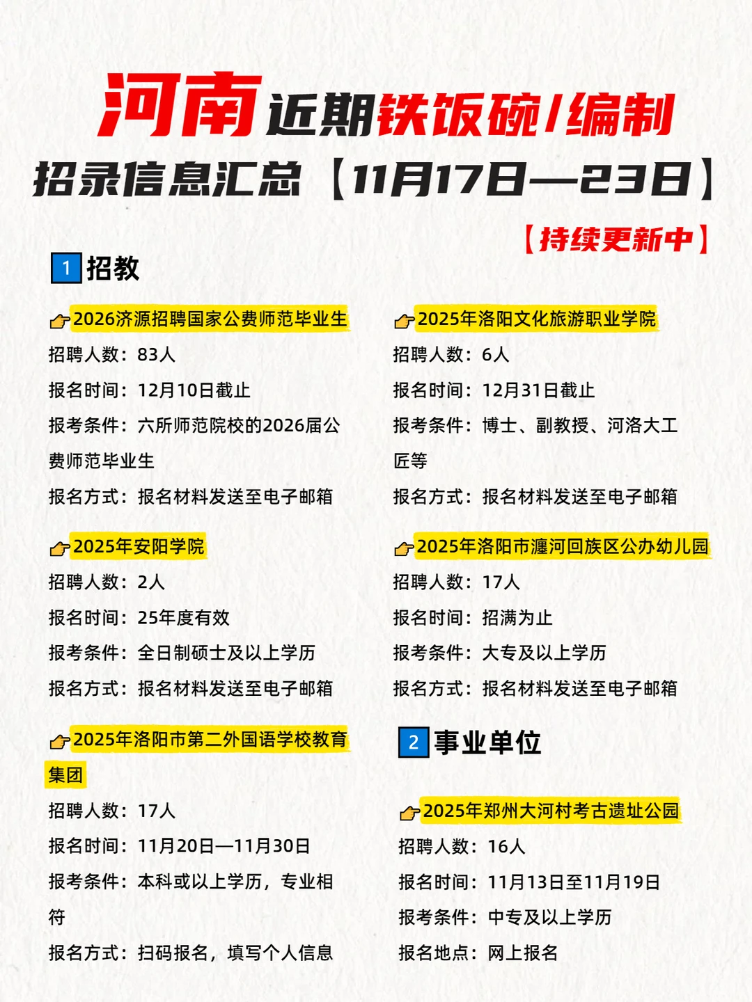 河南铁饭碗/编制【信息汇总】11.17-11.23