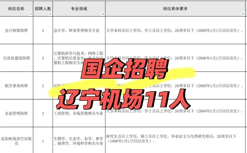国企！辽宁机场招聘11人公告！