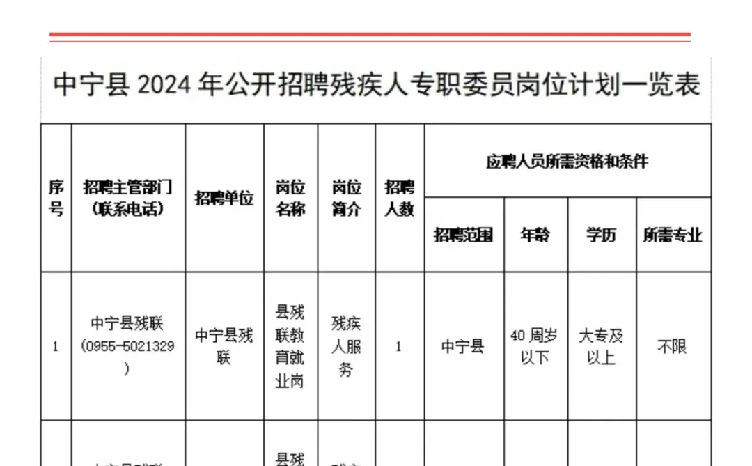 中宁县残联招聘残疾人专职委员