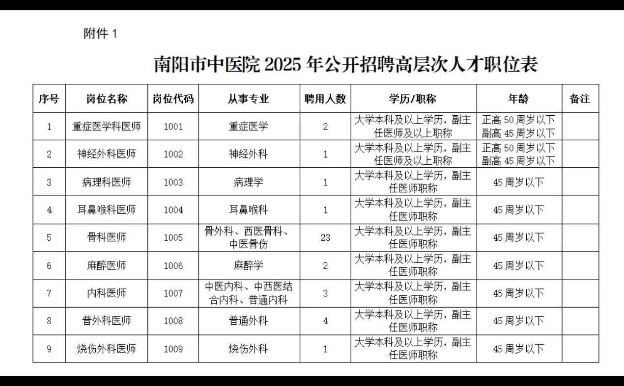 南阳市中医院2025年公开招聘高层次人才公