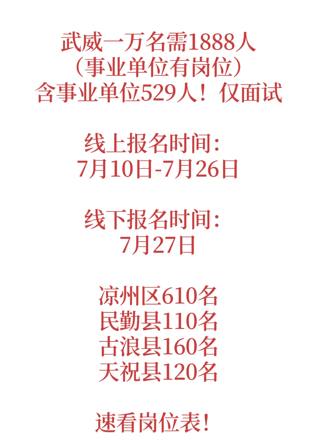 武威一万名需1888人（事业单位有岗位）