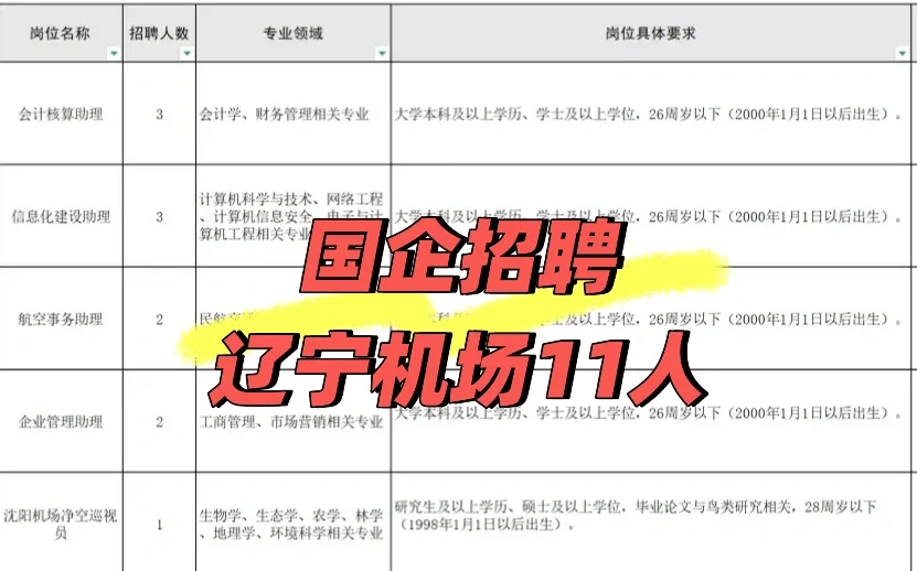 国企！辽宁机场招聘11人公告！