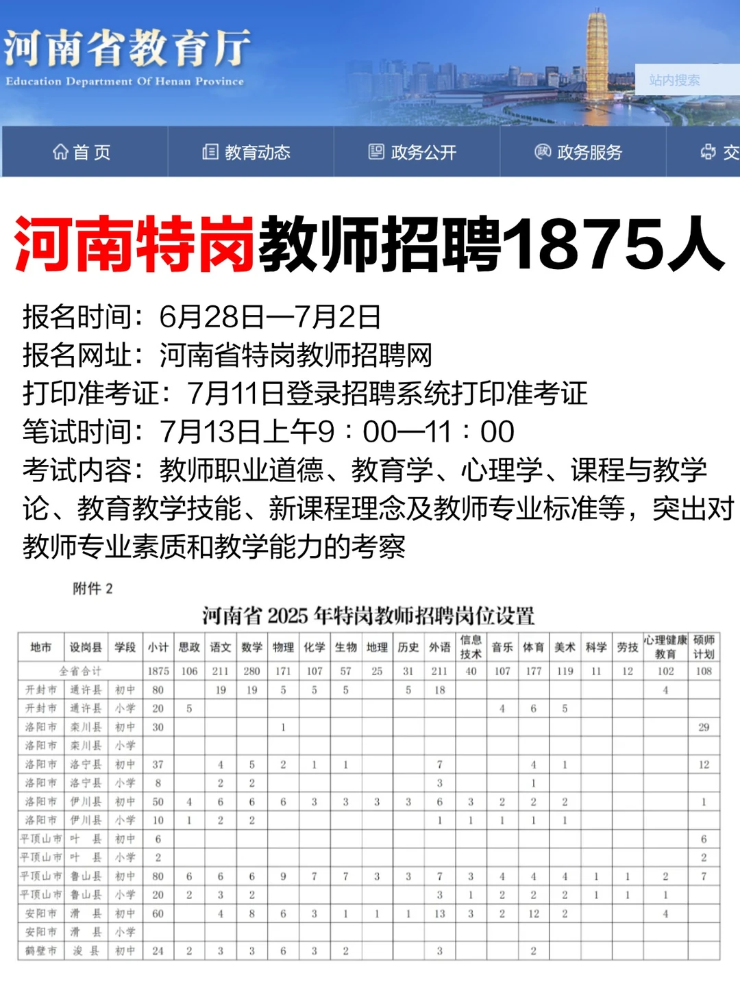 2025河南特岗教师招聘1875人，报名时间为