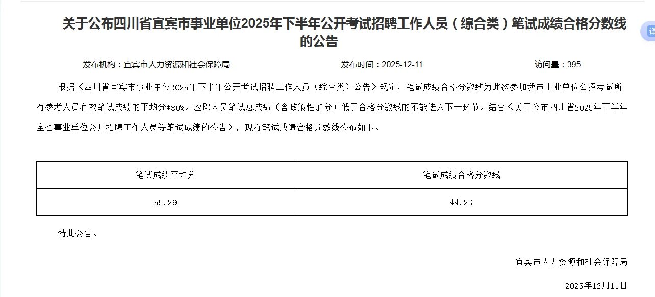 宜宾事业单位笔试合格分数线