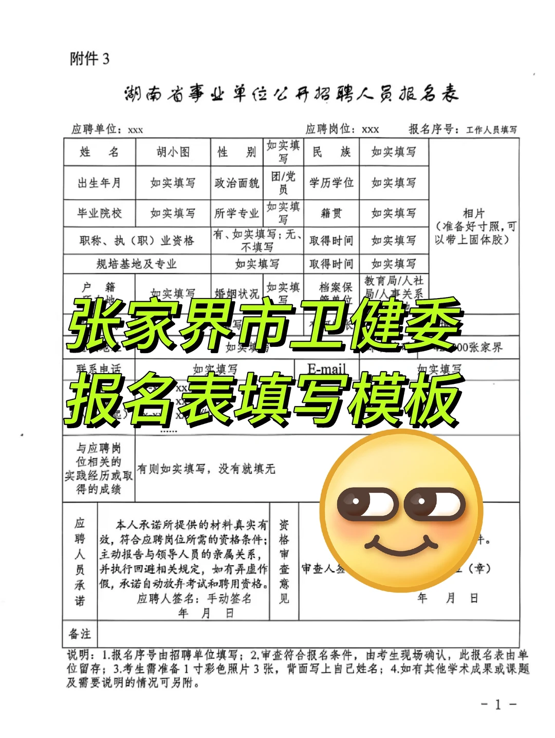 张家界市卫健委报名表填写模板