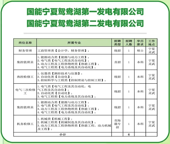 宁夏电力招聘岗位表